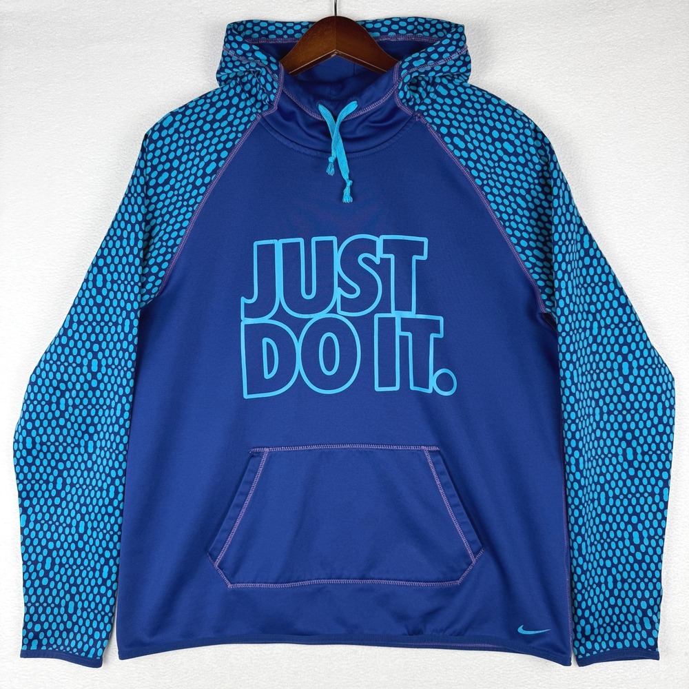 Nike Hoodie Womens L Blue Just Do It Therma-FIT Pullover Polka Dot Thumb Holes